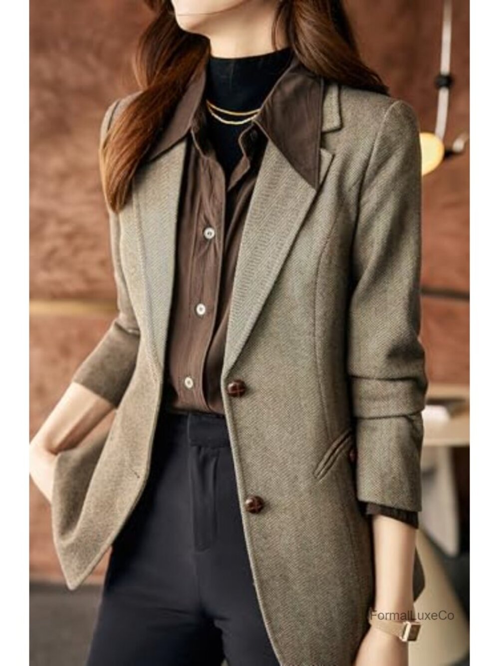Wool Blend Notched Lapel Plaid Herringbone Blazer Jacket Single Breasted Slim - Picture 3 of 5